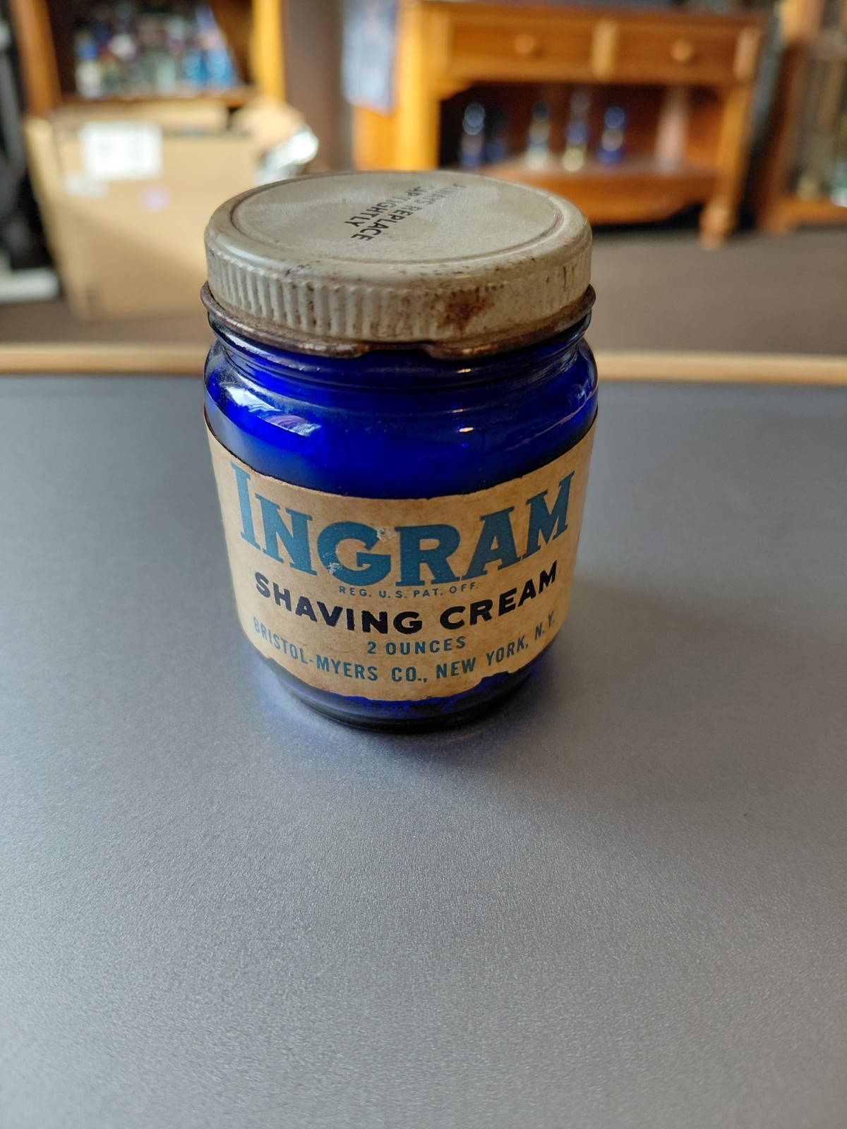 Vintage Cobalt Blue Advertising Glass Bottle Ingram Shaving Cream 2oz.