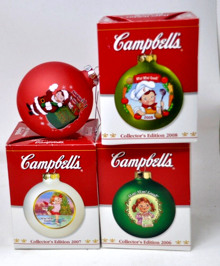 Vtg Campbell\'s Soup Blown Glass Christmas Ornament Can Lot 2006 2207 2008 2009