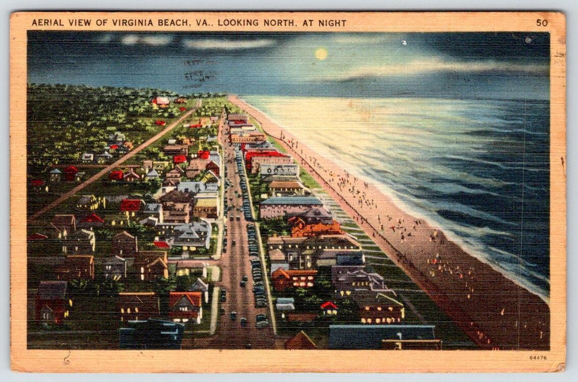1949 AERIAL VIEW OF VIRGINIA BEACH VA AT NIGHT MOONLIGHT VINTAGE LINEN POSTCARD