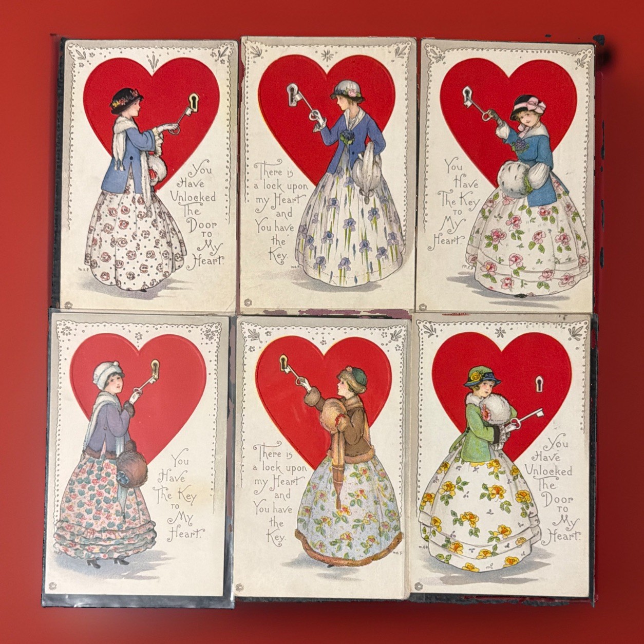 Complete Set 6 Antique Stecher Valentine Postcards Series 516 Heart & Key 1919
