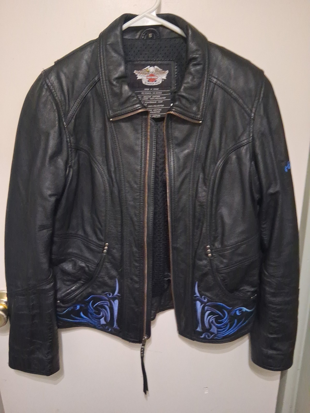 Harley- Davidson Black Leather Jacket with Gorgeous Bright Blue Embroidery. Sz S
