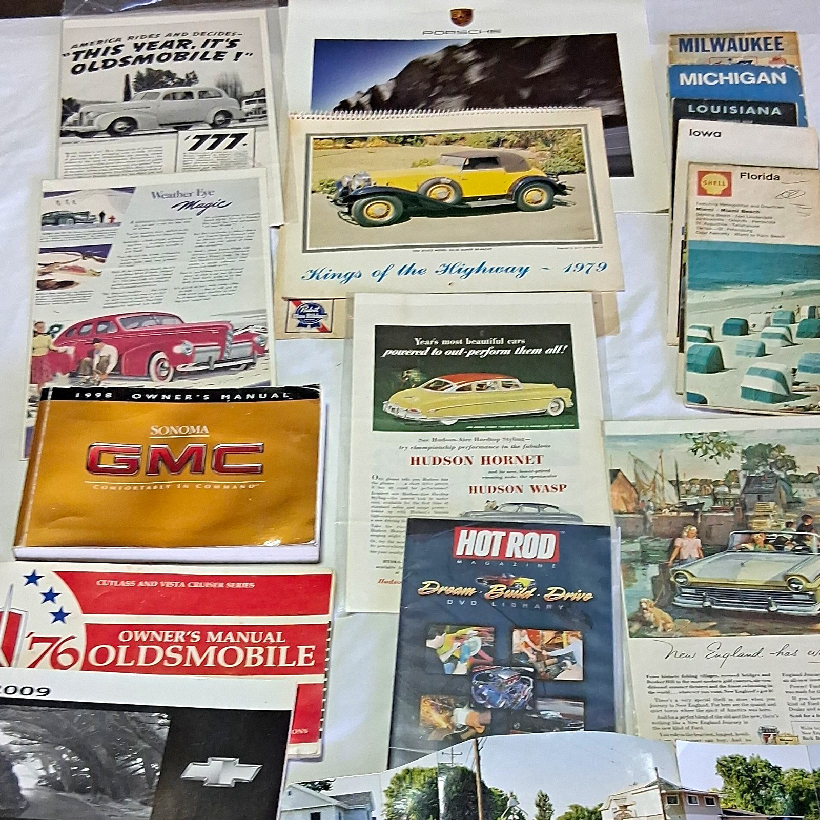 Lot Of Vintage Automotive Ephemera 4 Dealer Ad Cards 3 Manuals 2 Calendars DVD