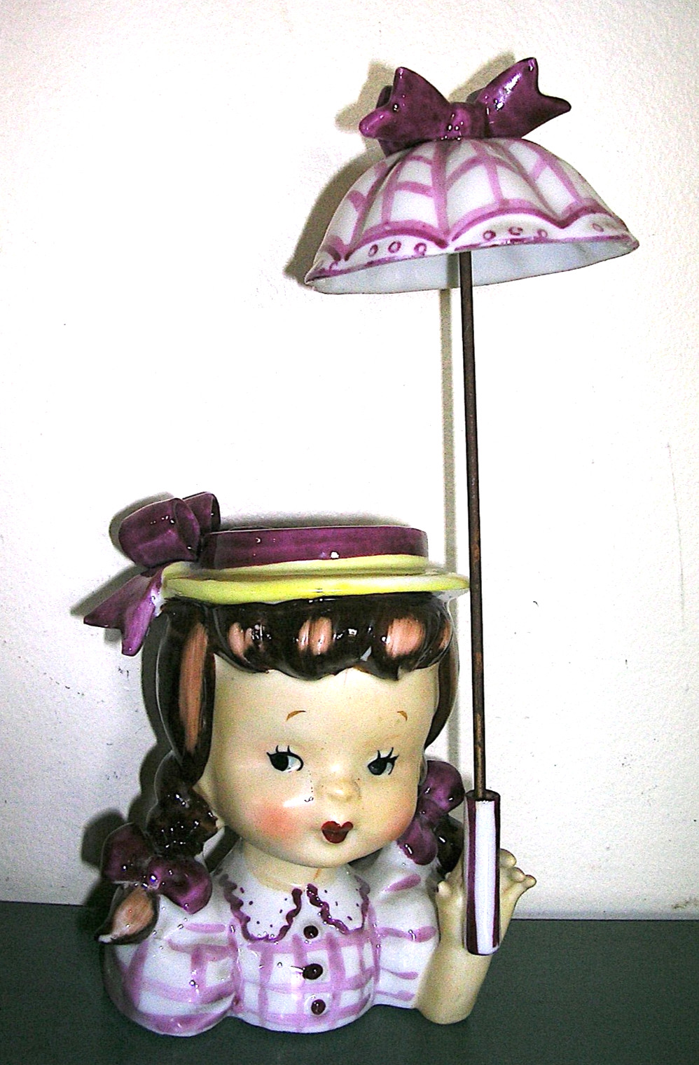 Vintage 1950’s Napco Girl With Umbrella Head Vase / Planter Purple
