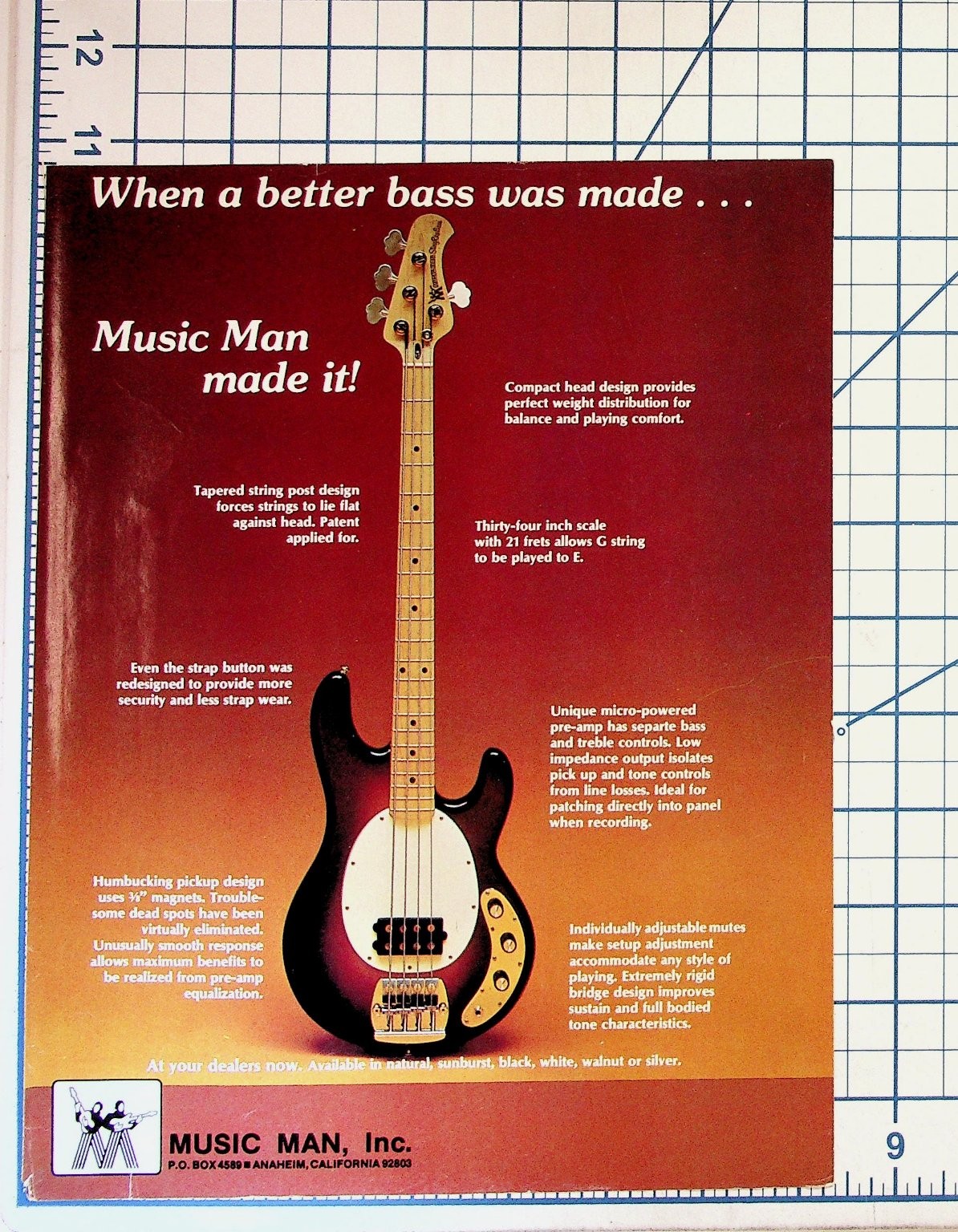 Music Man Bass Guitar Vintage Ad StingRay Humbucker Anaheim CA Ephemera