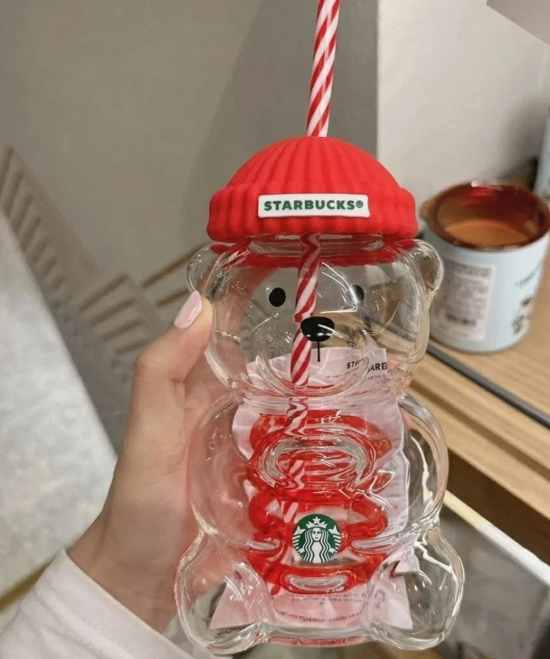 New Bearista Bear Glass Cup Red Hat Straw Tumbler Cute Christmas Gift Idea