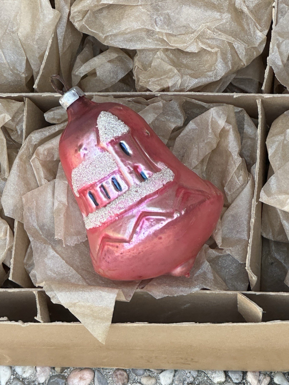 West Germany Poland? Hand Blown Pink Mica Stencil Glass Ornament