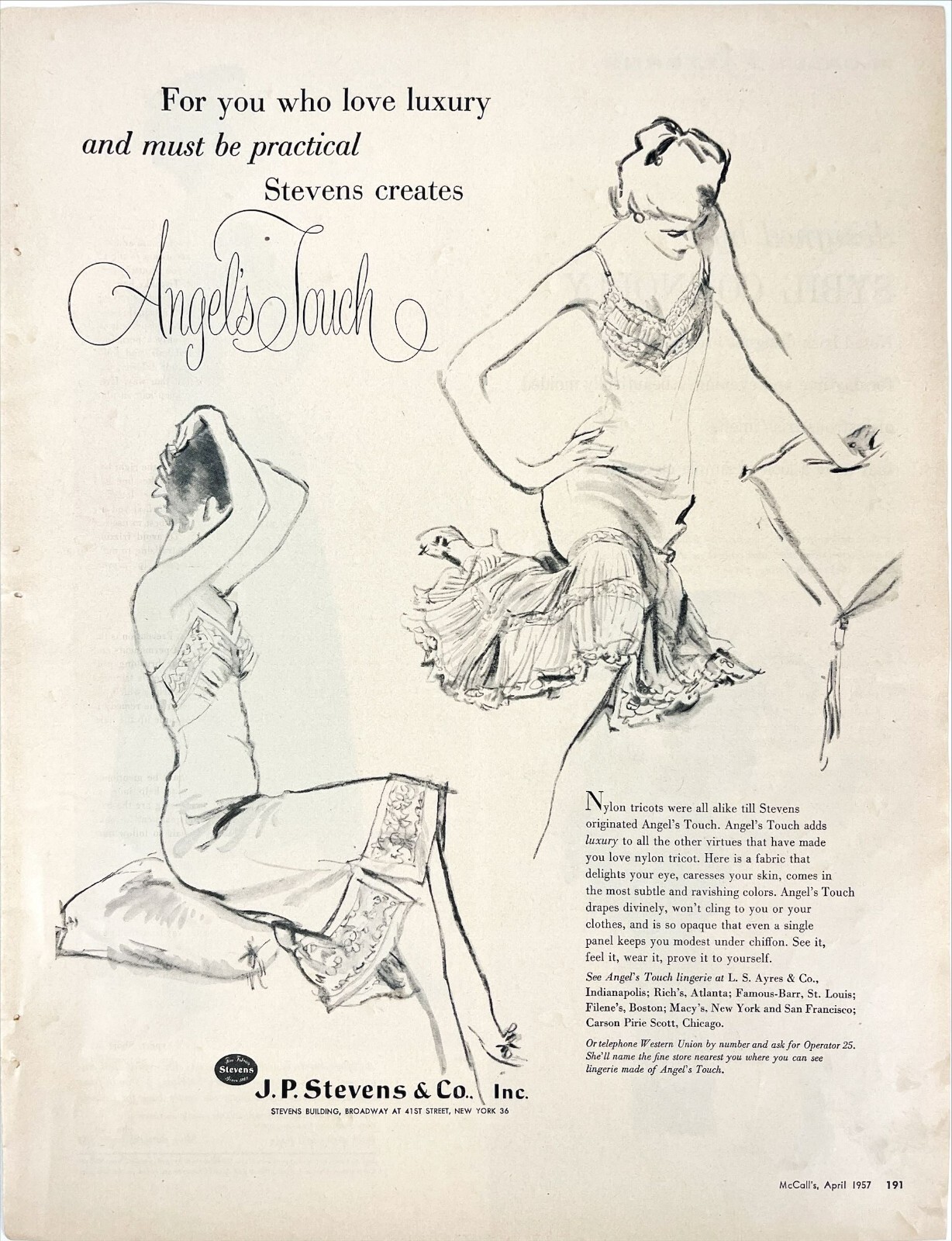 JP Stevens Angel\'s Touch Lingerie Macy\'s Luxury Vtg Advertising Magazine Ad 1957