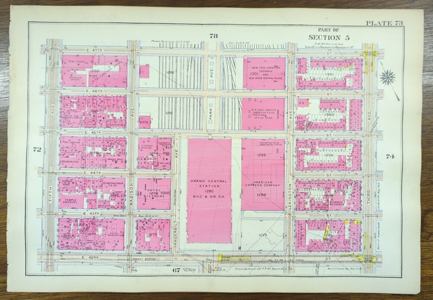 1916 GRAND CENTRAL STATION MANHATTAN NEW YORK CITY ~ Antique BROMLEY Street Map 