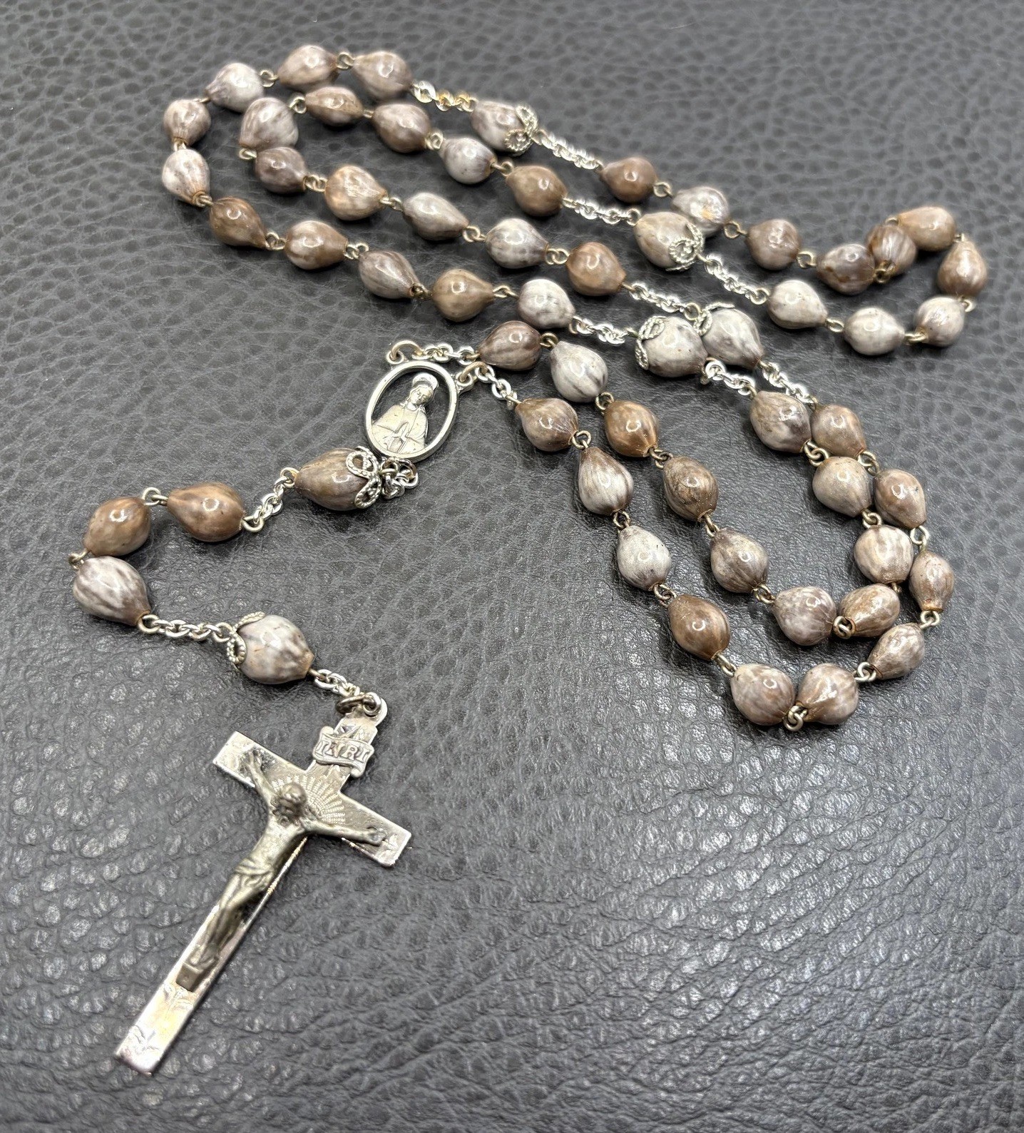Vintage AFCO Sterling Silver Catholic Rosary Job's Tears Seed Beads Crucifix 30”