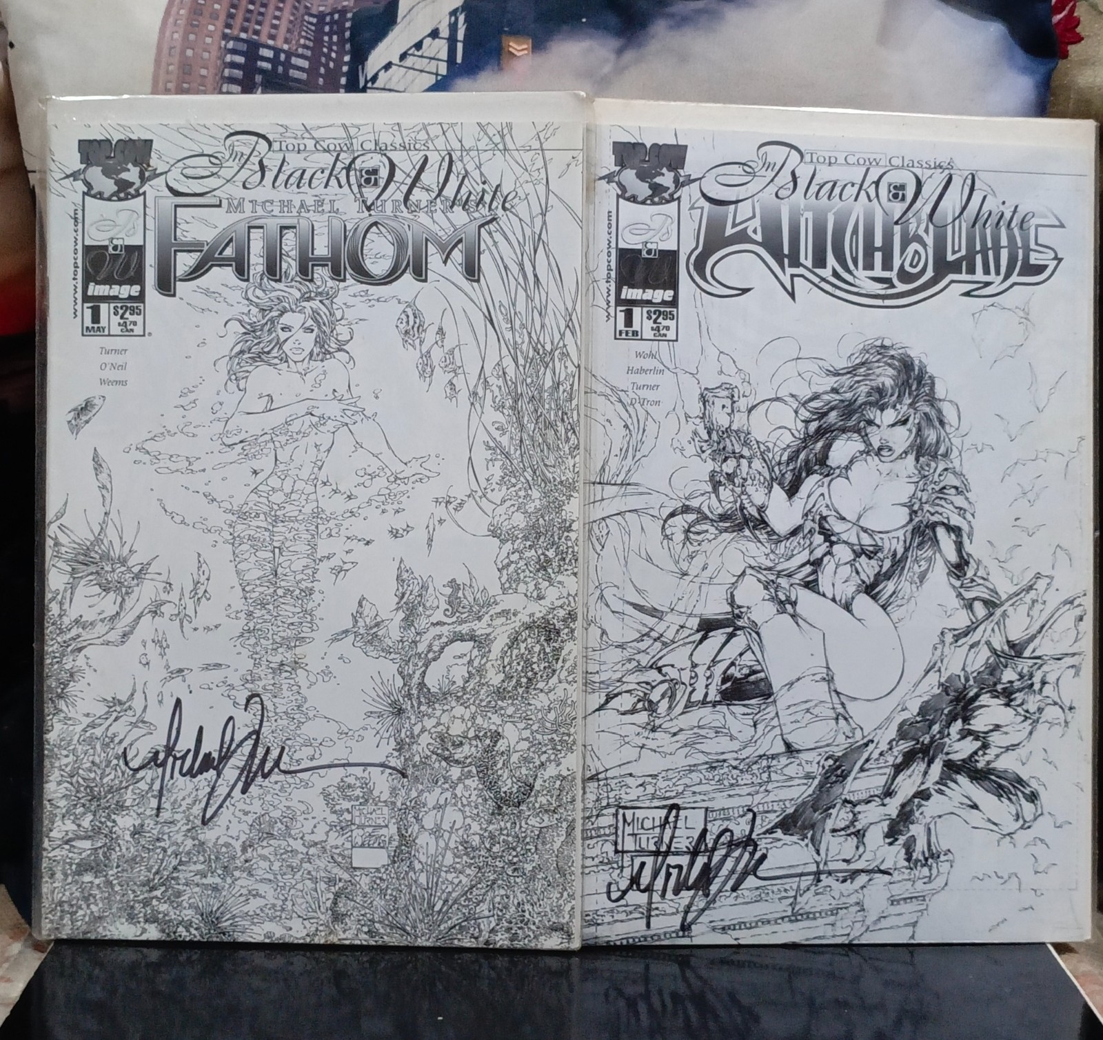 WITCHBLADE #1 and FATHOM #1 black & white comic,All SIGNED by Michael Turner RIP