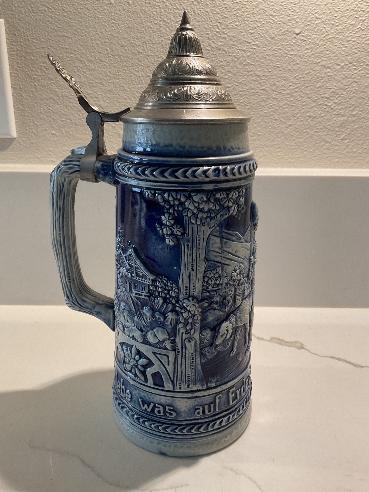 Vintage Gerz W. Germany Blue White Relief Beer Stein Hunting Scene