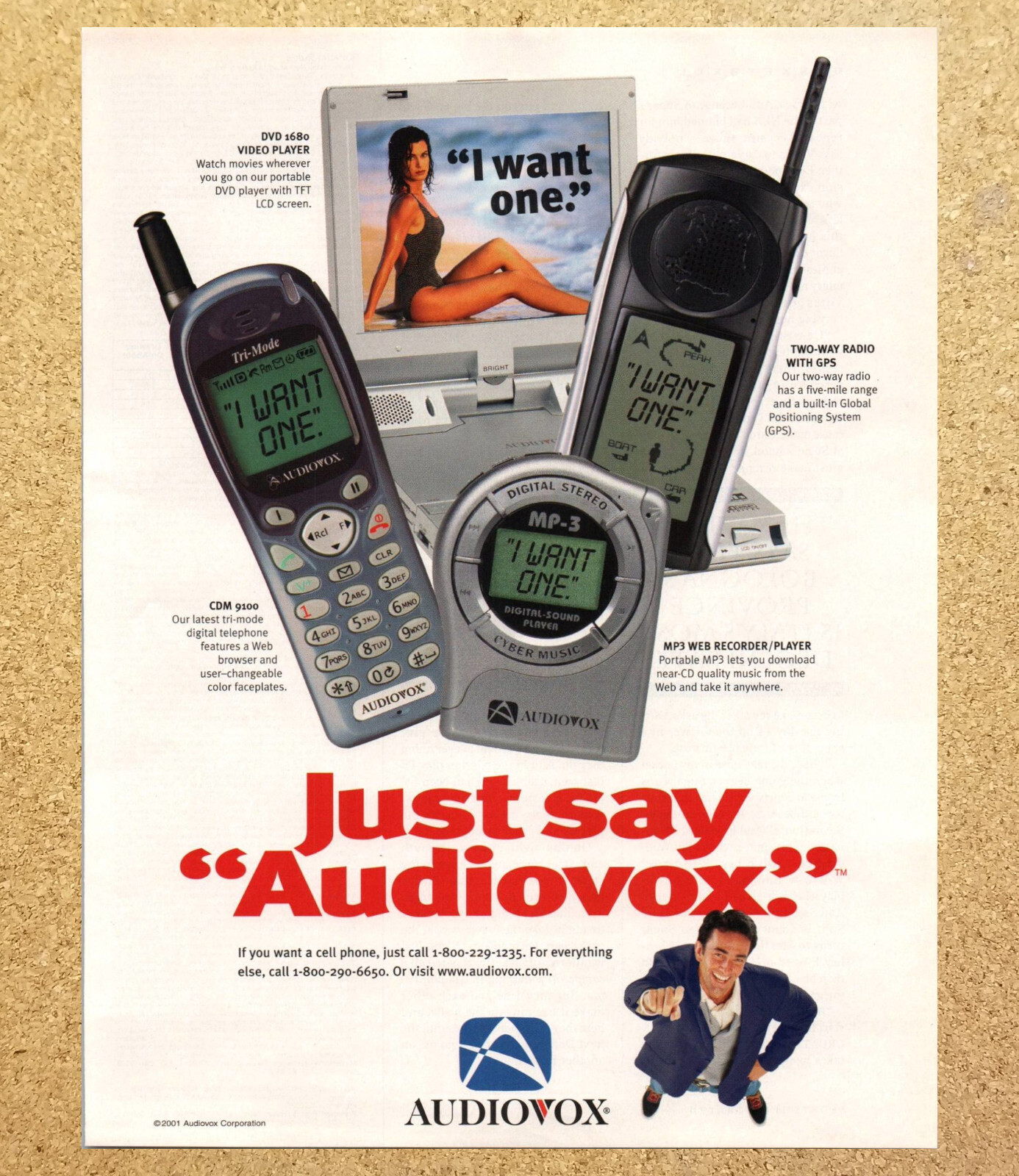 Audiovox Electronics Phone MP3 GPS DVD - Magazine Print Ads Ephemera Art 2001