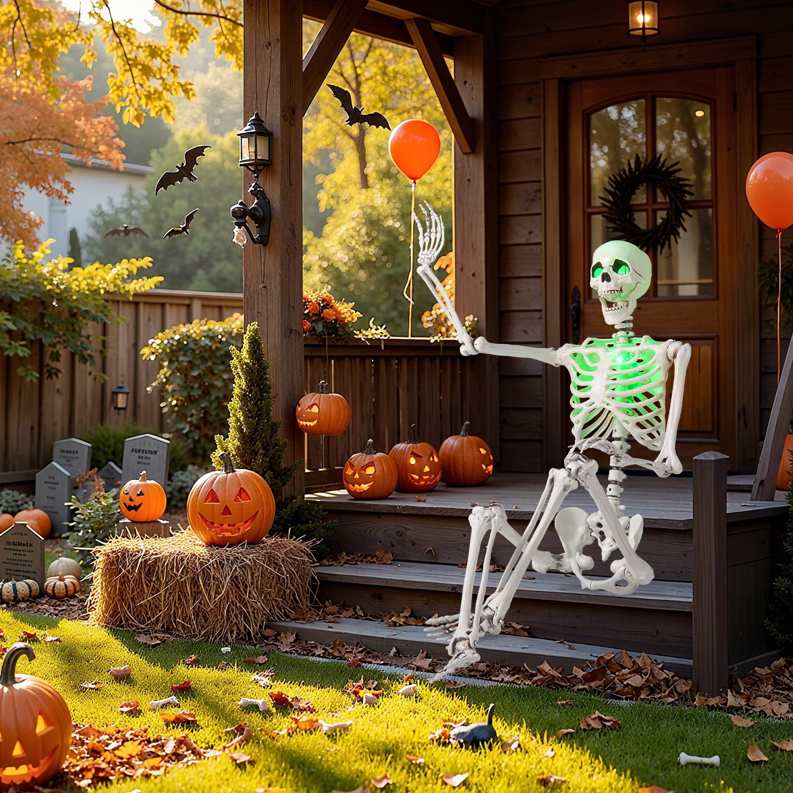 5.5 FT Poseable Halloween Skeleton Life-Size Decoration with Built-In Lights Gre