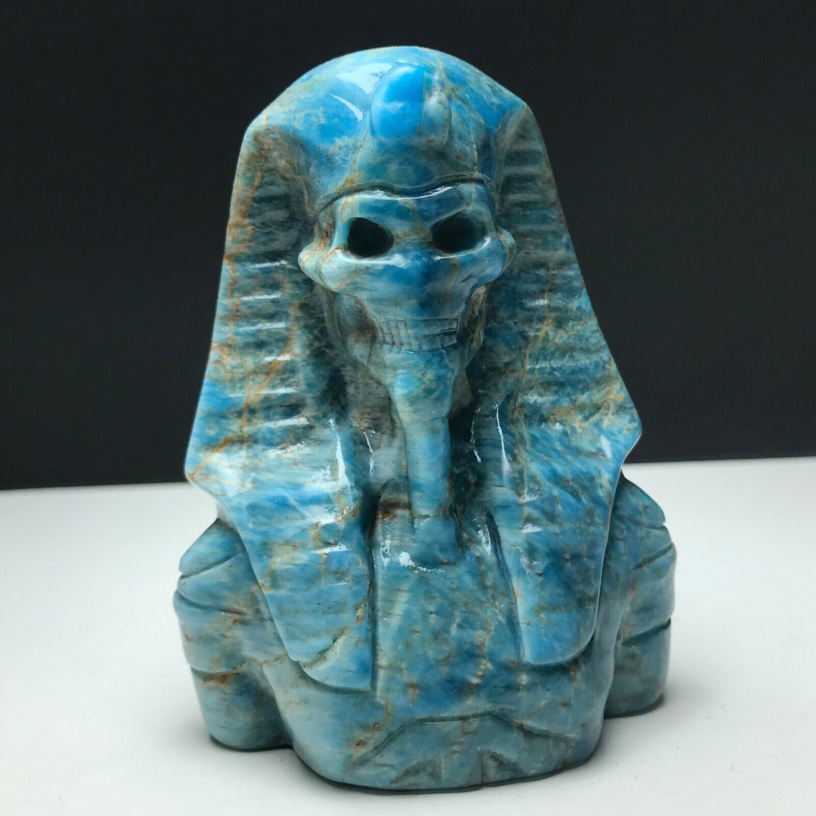 265g Natural Crystal Mineral Specimen. Blue Apatite. Hand-carved. Pharaoh Skull