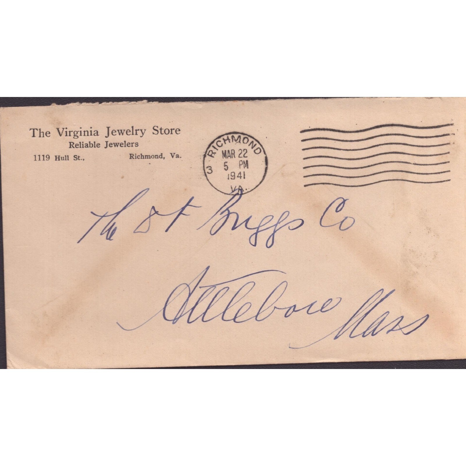 Vintage 1941 Virginia Jewelry Store Richmond Advertising Envelope Postal Cover