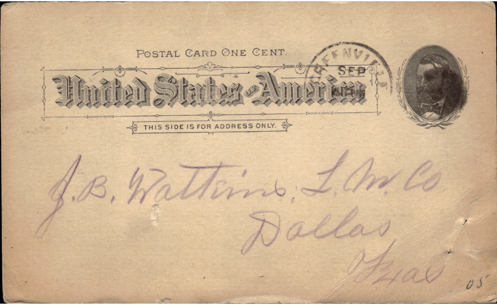 1892 US One Cent Postal Card Greenville Texas Dallas Business Correspondence