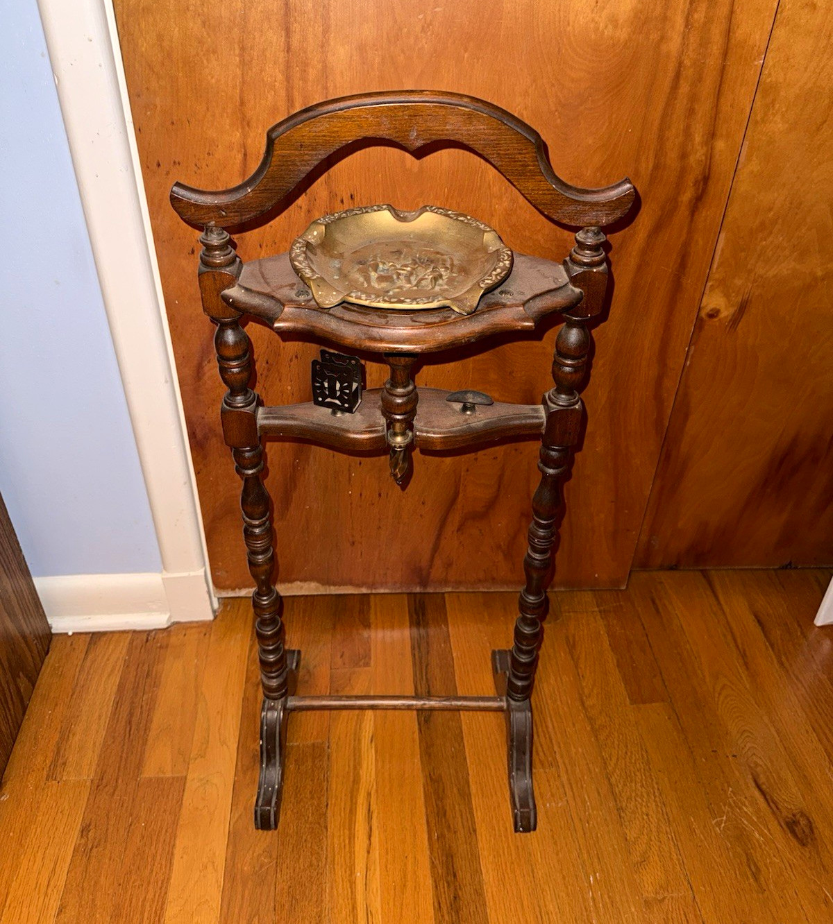 Vintage Handmade Wood Floor-Standing Ashtray Stand w/ Solid Brass Ashtray