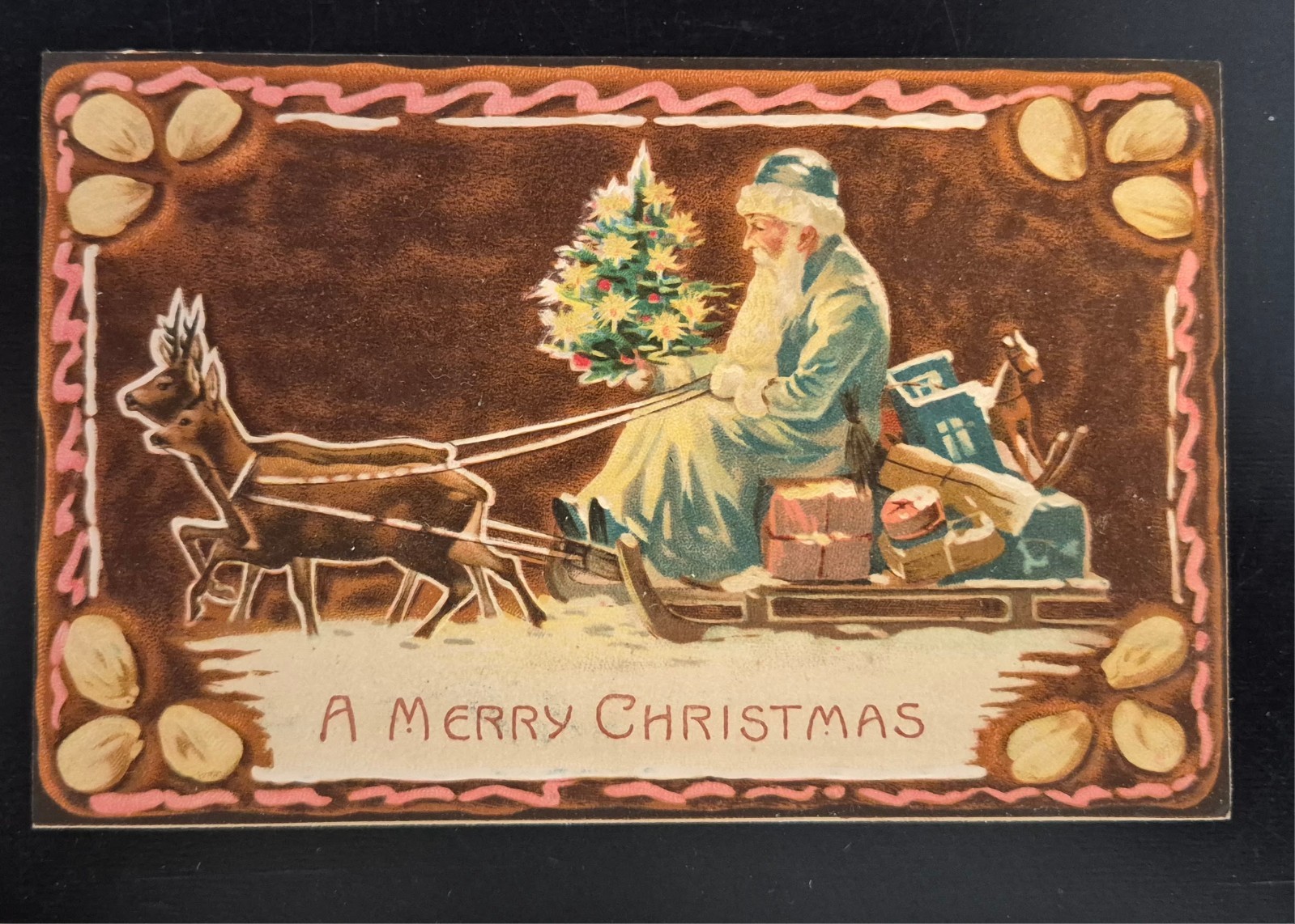 Antique 1900s RARE Blue Santa Claus Sleigh Reindeer Postcard