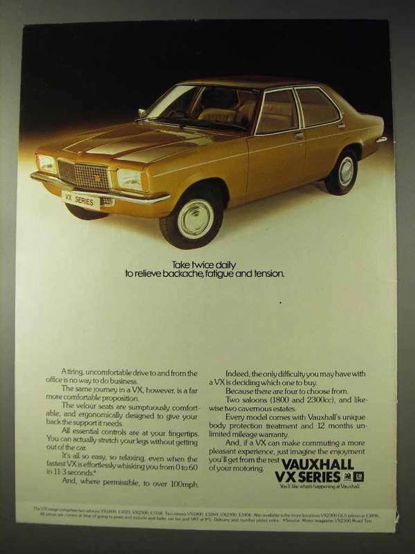 1977 Vauxhall VX Car Ad - Relieve Backache, Fatigue