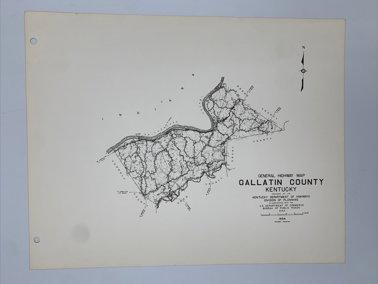 Vintage Kentucky General Highway Map Gallatin County 1954 Warsaw Sparta Glencoe