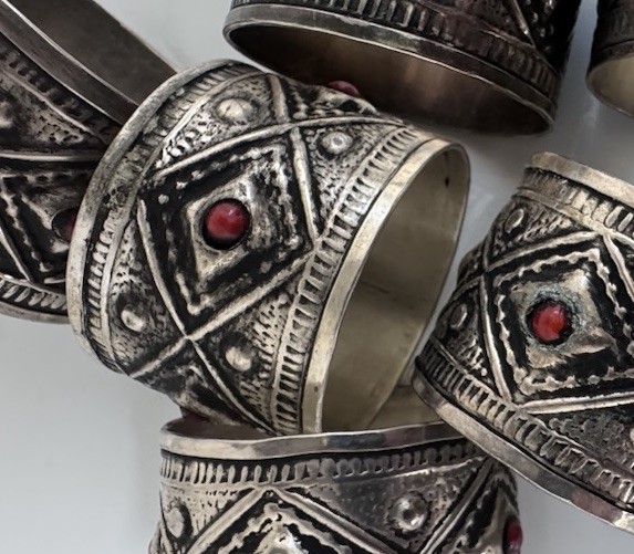8- Vtg Silver Tone Red stones Geometric Pressed Napkin Rings 1 1/4\