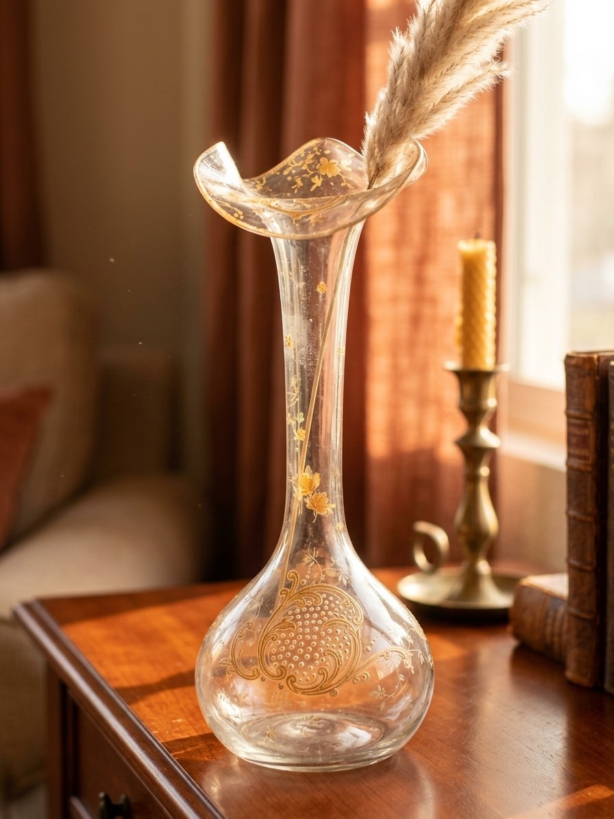 Antique Bohemian Style Gold Enamelled Glass Trumpet Vase