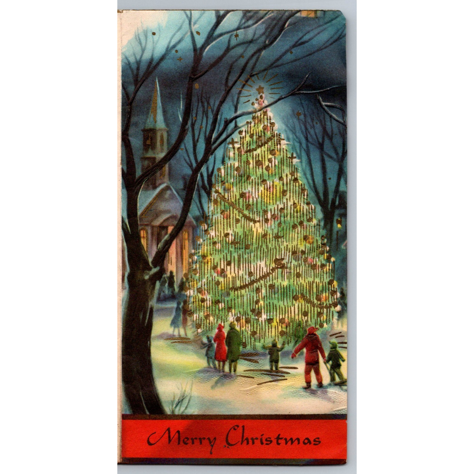 c1950s Embossed Town Christmas Tree People Church Scene Greeting Card MCM Vtg
