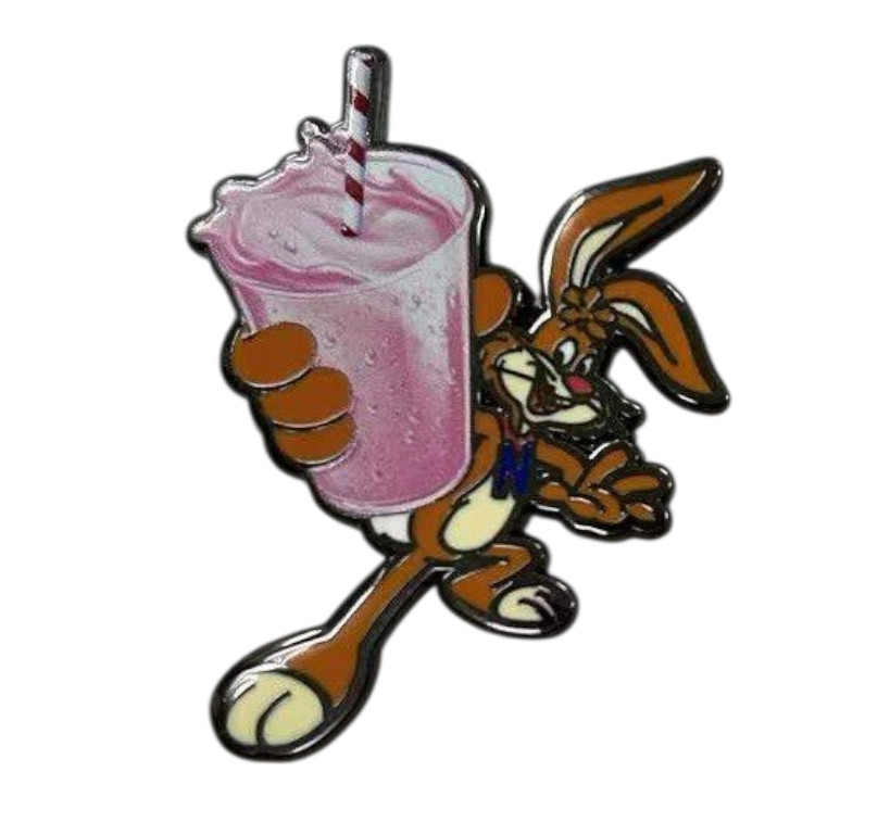 Quik Bunny Rabbit Strawberry Milk Mascot Cartoon Hat Jacket Tie Tack Lapel Pin