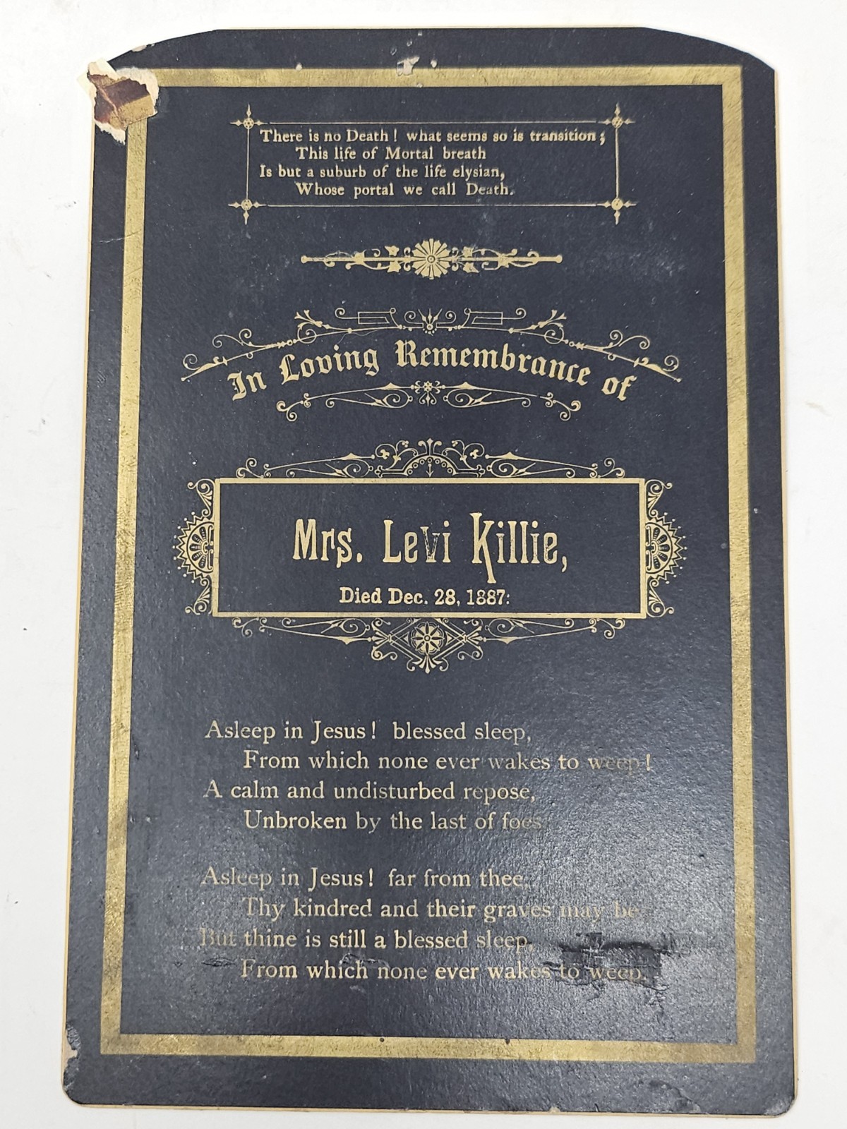Antique 1887 Victorian In Loving Remembrance Funeral Memorial Card Mrs. Levi Kil