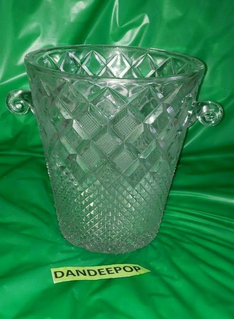 Antique Diamond Cut Textured Pattern Heavy Crystal Ice Bucket With Handles 8 1/4