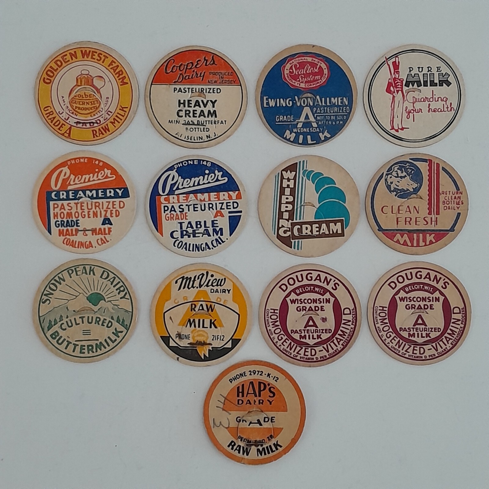 Lot 13 Vintage Dairy Milk Bottle Caps Sealtest Premier Creamery Cooper's Mixed Lot 13 Vintage Dairy Milk Bottle Caps Sealtest Premier Creamery Cooper's Mixed