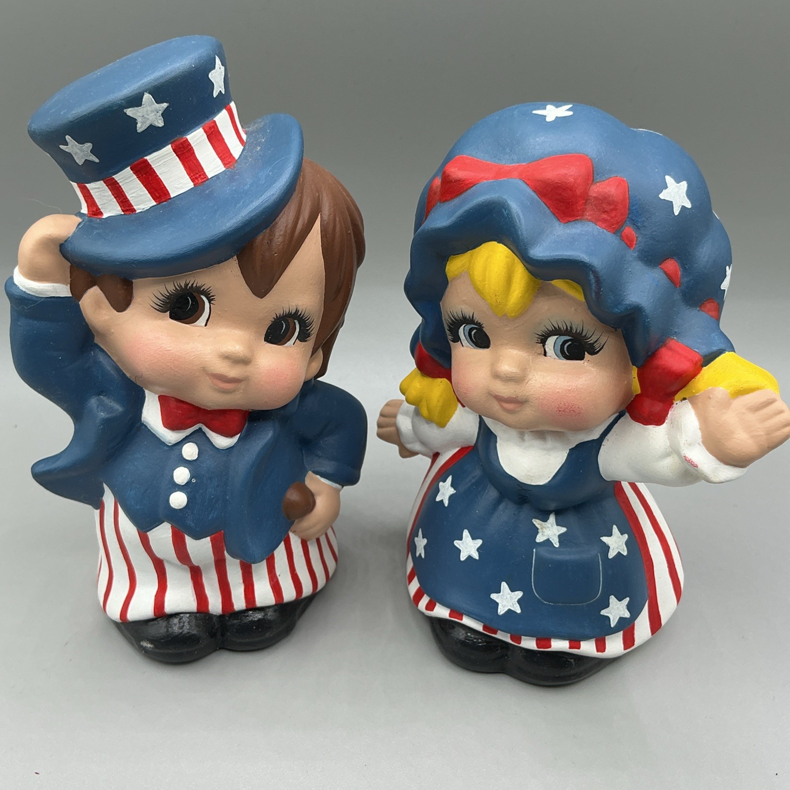 Patriotic Americana Ceramic Boy Girl Figurines Uncle Sam Red White Blue Set 6”