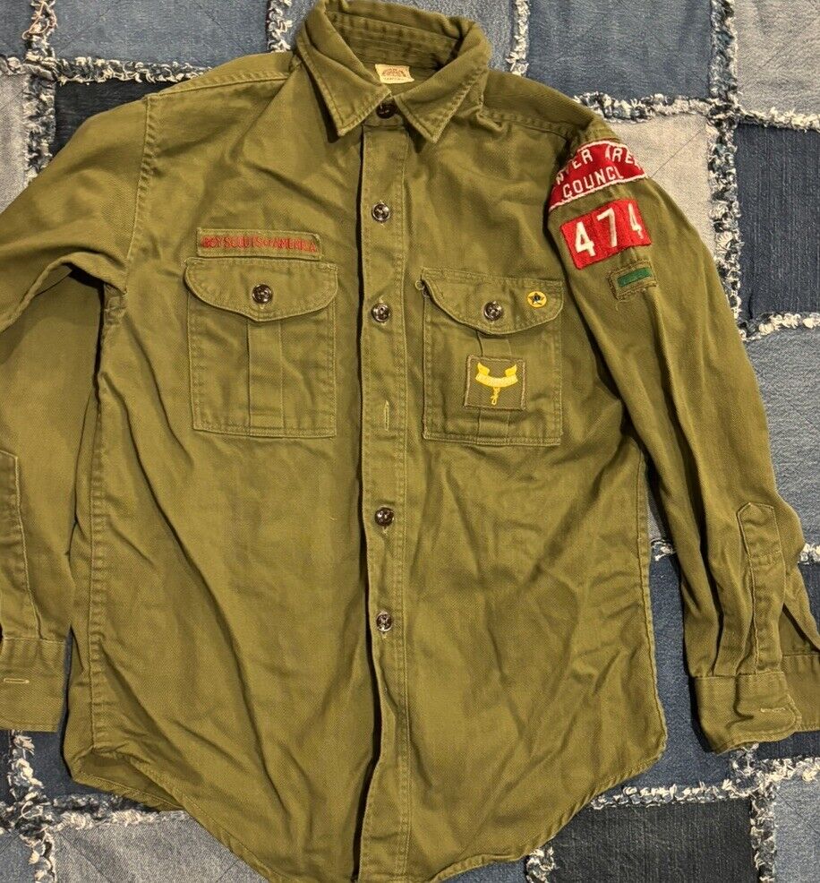 VTG Boy Scouts of America Uniform Shirt Sanforized Green Hiking W/ Pin Patches
