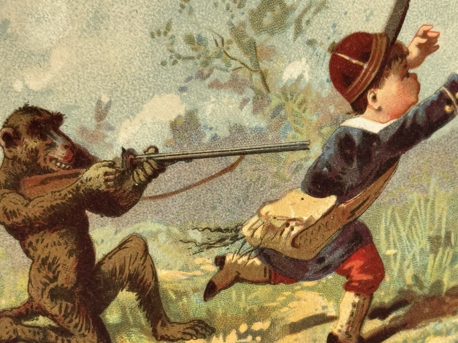 1890s Au Bon Marche Victorian Trade Card Little Boy Chased Away By Chimpanzee