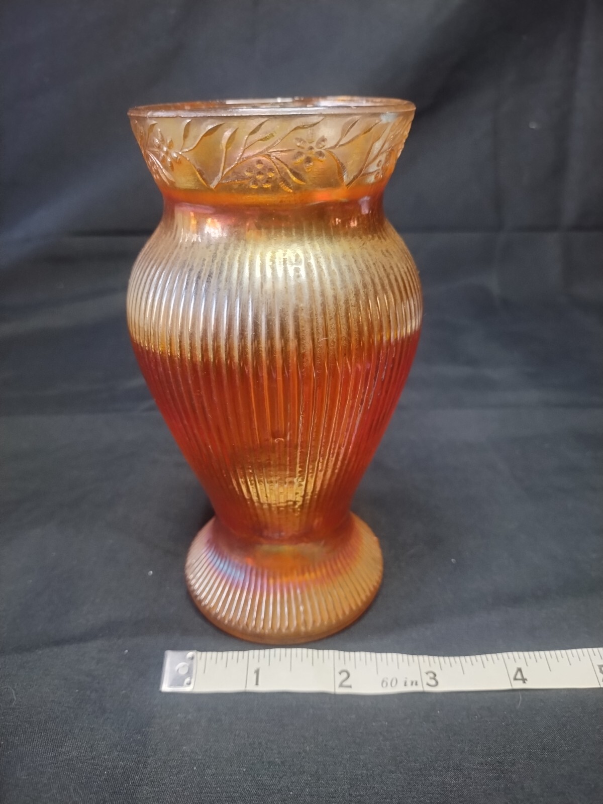 Imperial Carnival Glass Vase Marigold Prism & Daisy Band Rib Design