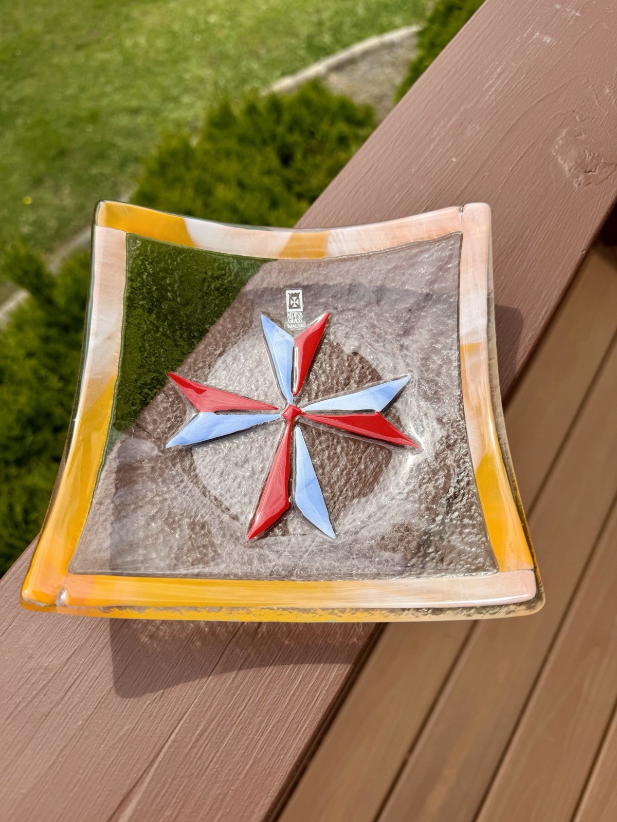 Mdina Glass Malta Maltese Cross Square Dish Bowl Vtg Art Glass Handmade Signed