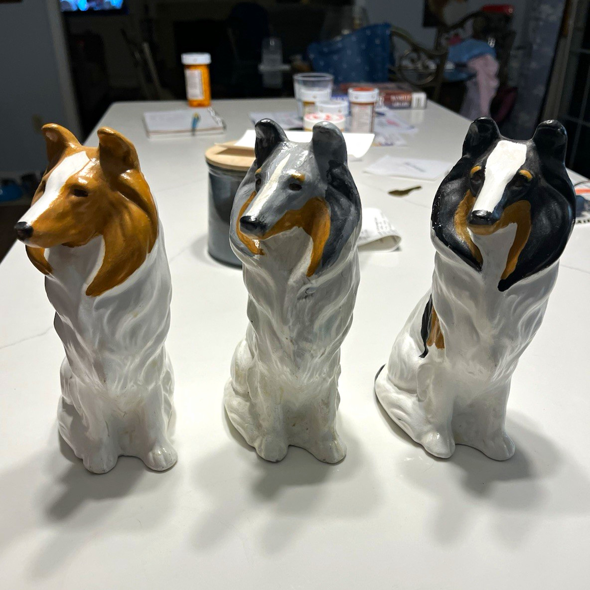 Collie Dog Ceramic Figurines Lot of 3 - Tan/White, Gray/White, Black/Tan/White