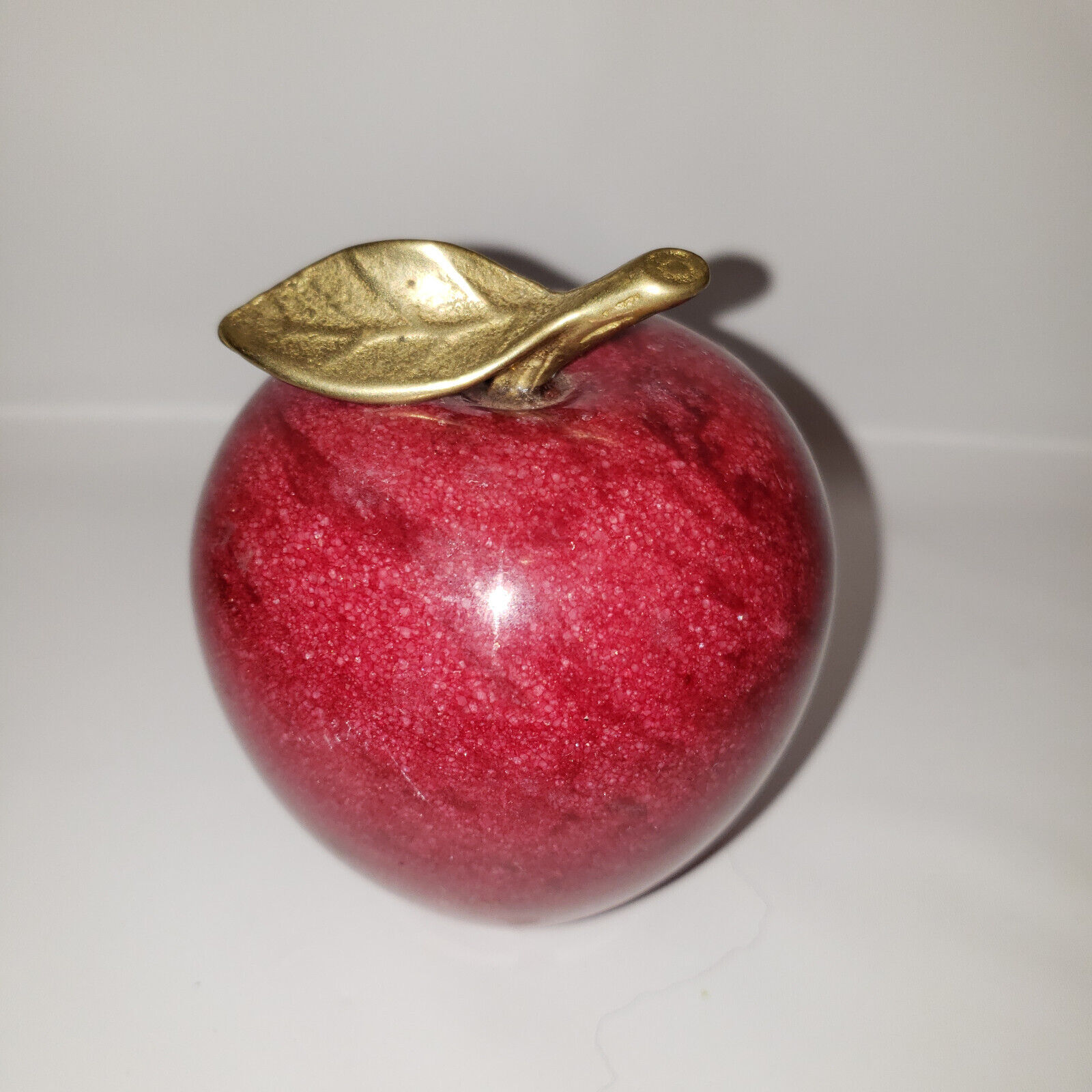Vintage Red Polished Marble Stone Apple / Brass Leaf Paperweight