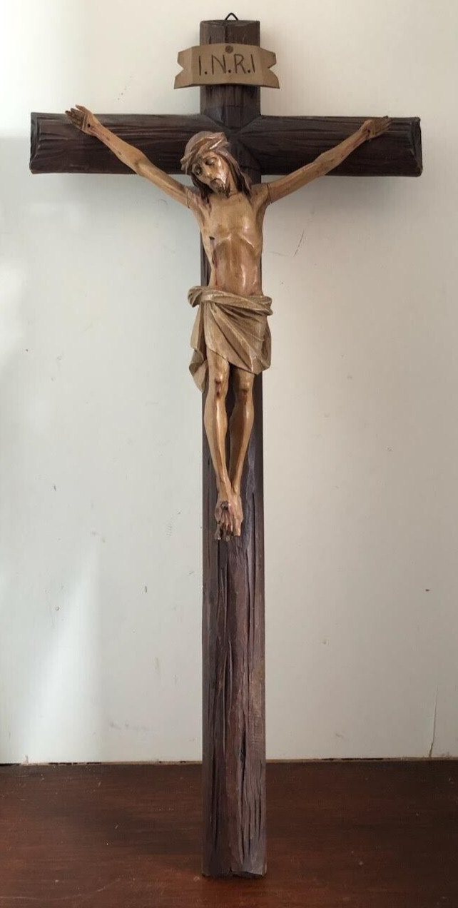 Vintage Catholic Church Wood Carved Crucifix and Corpus 11\