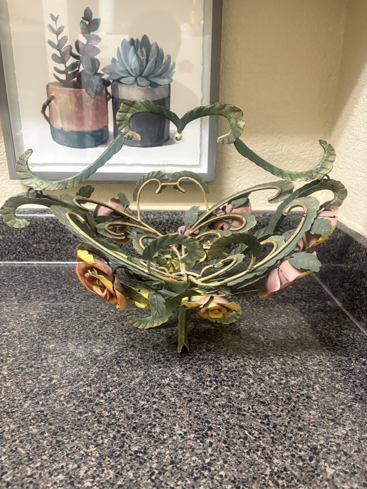 Vintage Italian Tole Metal Handle Basket w/Metal Multicolor Roses