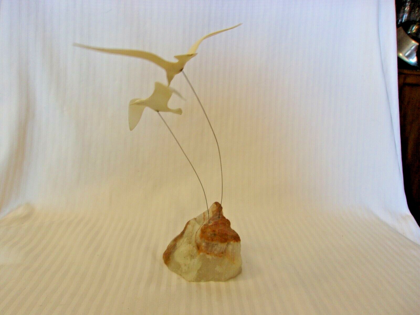Two Sea Gulls Standing Figurine on Wire Mounted on a Rock