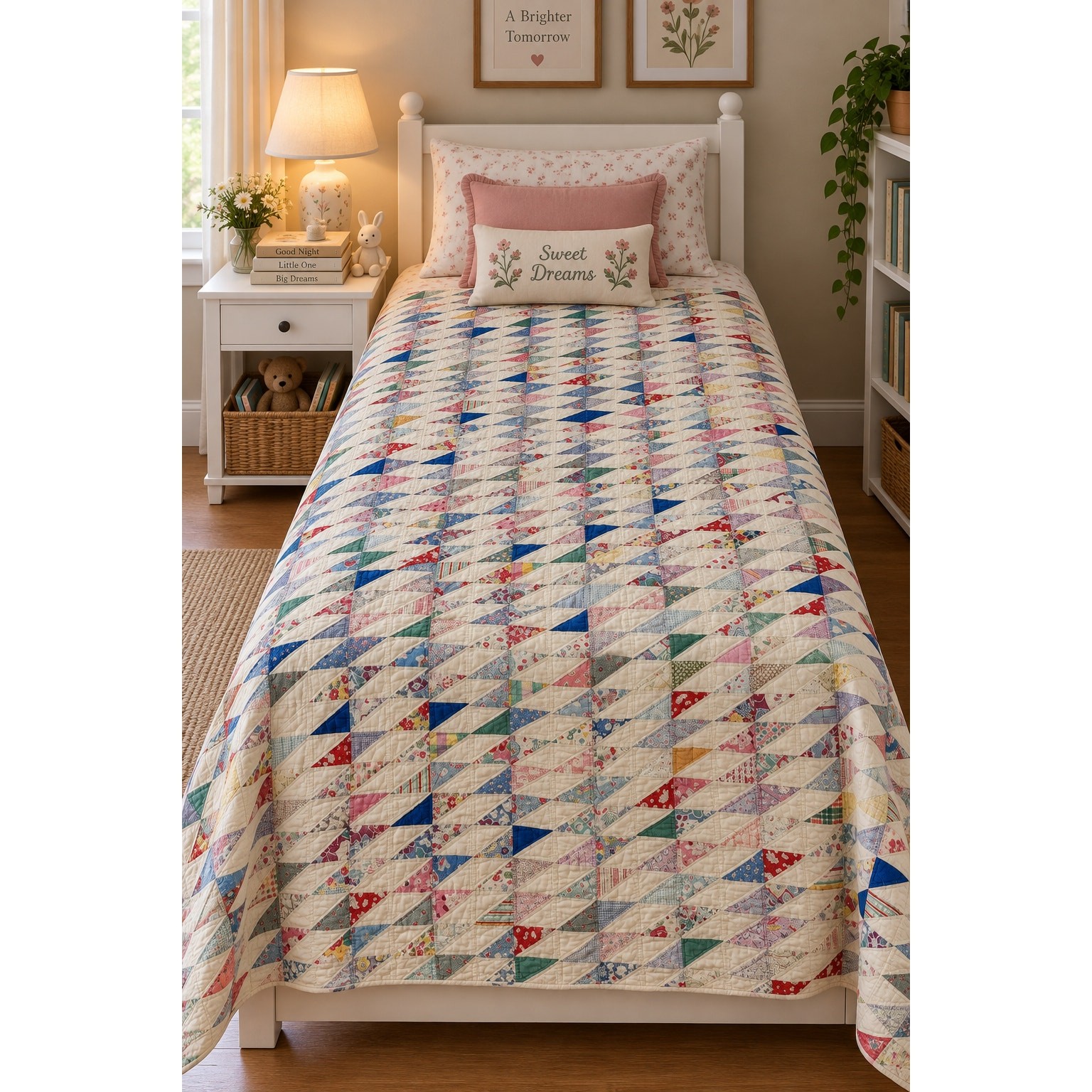 Vintage Traditional Handmade Scrappy Flying Geese Patchwork Quilt 219x177cmo