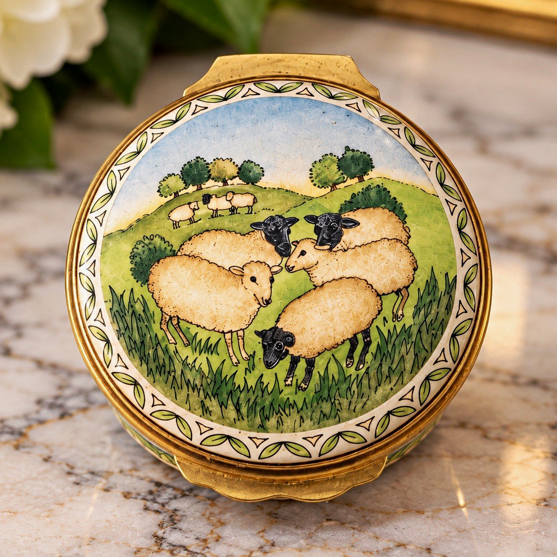 Vintage Halcyon Days Enamel Box Pastoral Sheep Bilston Battersea England 1.5” Vintage Halcyon Days Enamel Box Pastoral Sheep Bilston Battersea England 1.5”