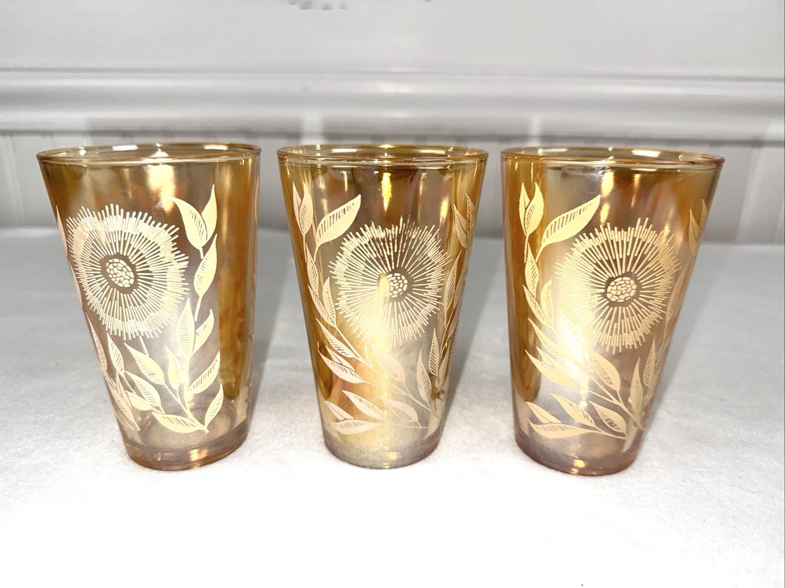 3 Vintage JEANETTE COSMOS MARIGOLD Drink Glasses 8 oz Mid Century Modern