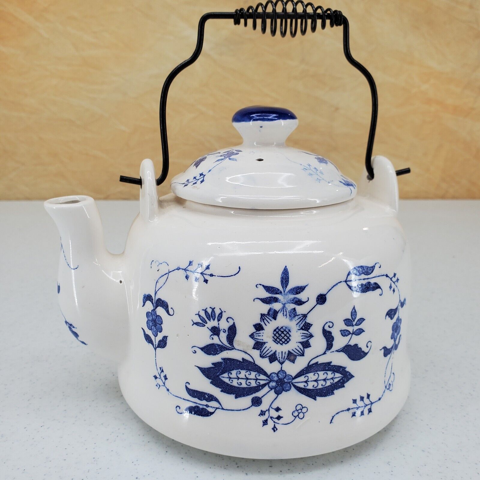 Vintage Teavana Onion Tea Pot Blue White Floral Metal Handle Japan Ceramic