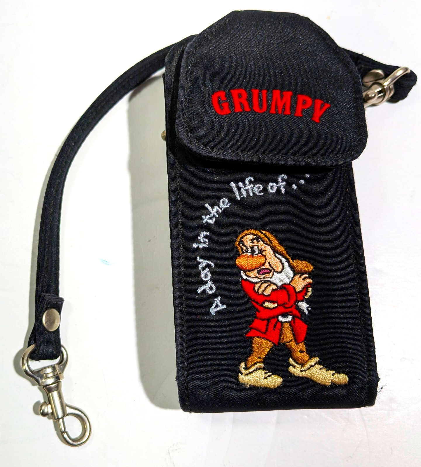 NWOT Vtg Disney Store  Grumpy Embroidered Black Nylon Flip Phone Belt Holder