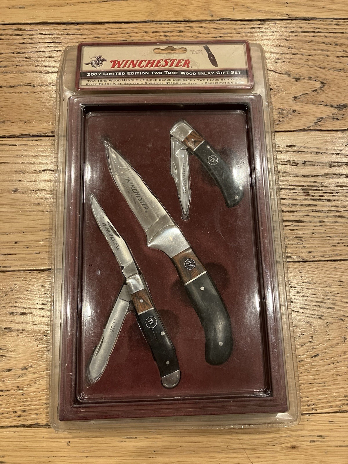 New Winchester 2007 Limited Edition Two Tone Wood Inlay Gift Set Knives Sealed