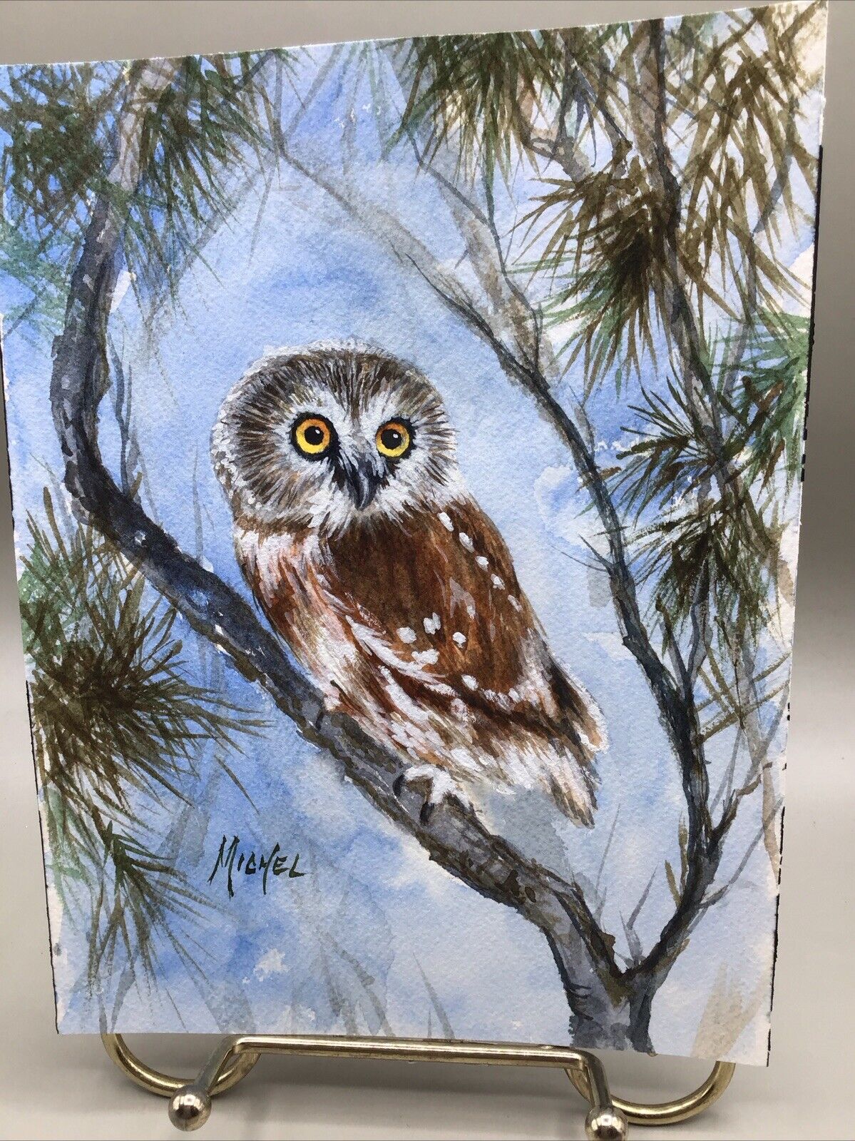Original Hand Painted Northern Saw-Whet Owl Oil Painting Signed Michel.