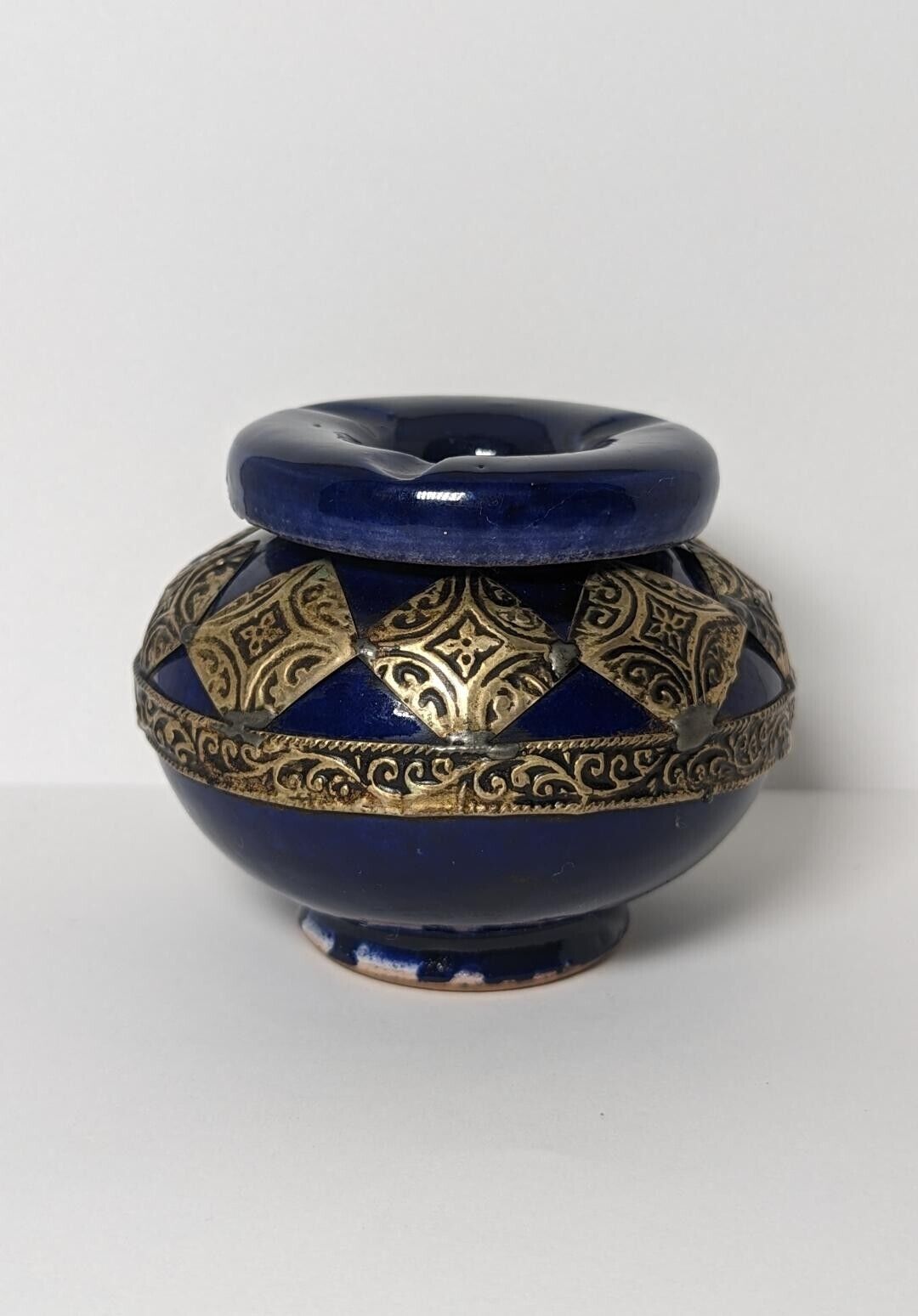 Vintage Cobalt Blue Ceramic & Brass Trim-2 Piece Moroccan Ashtray