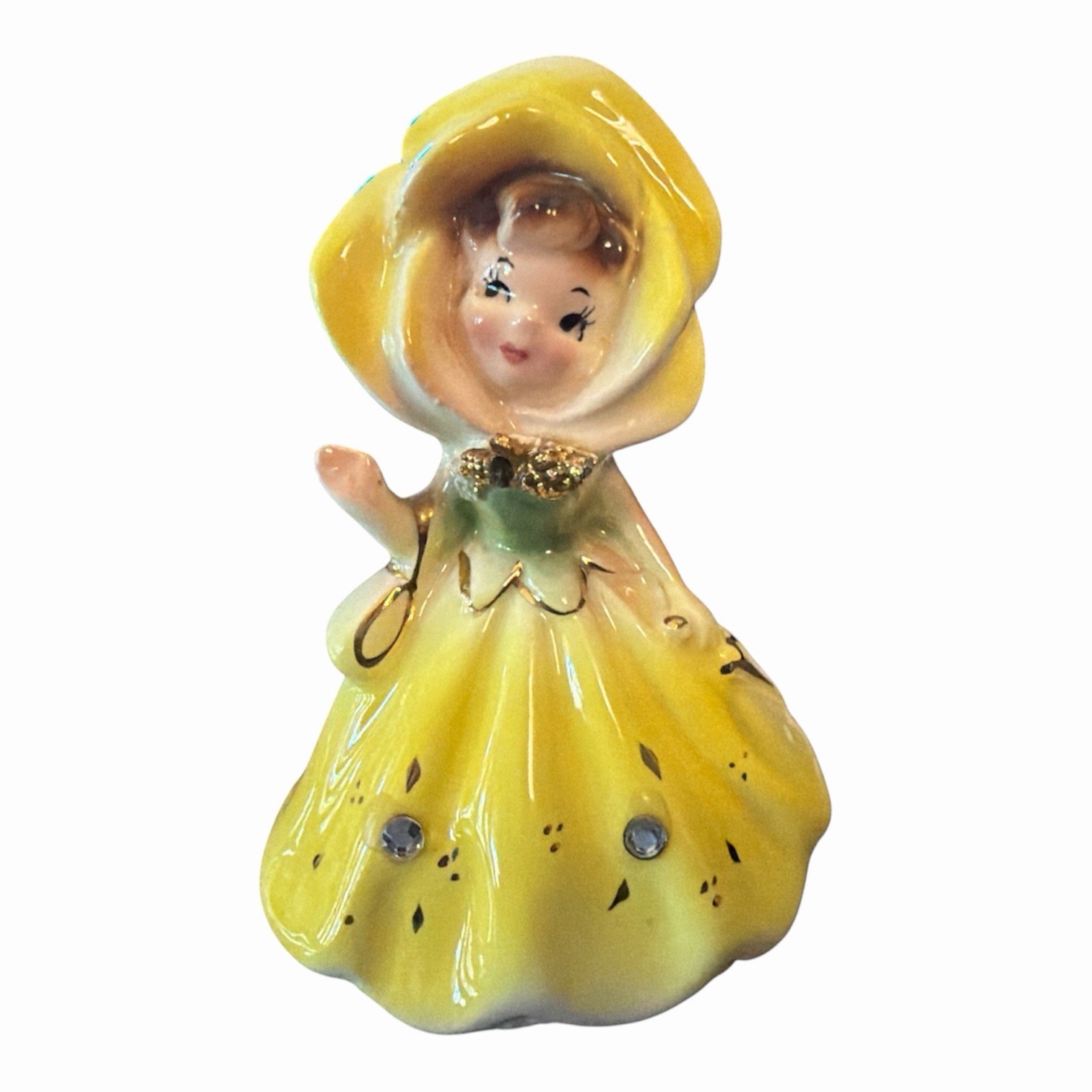 Vintage Lugenes Japan Ceramic Lady Bell Yellow Dress Rhinestones Bonnet 1950s